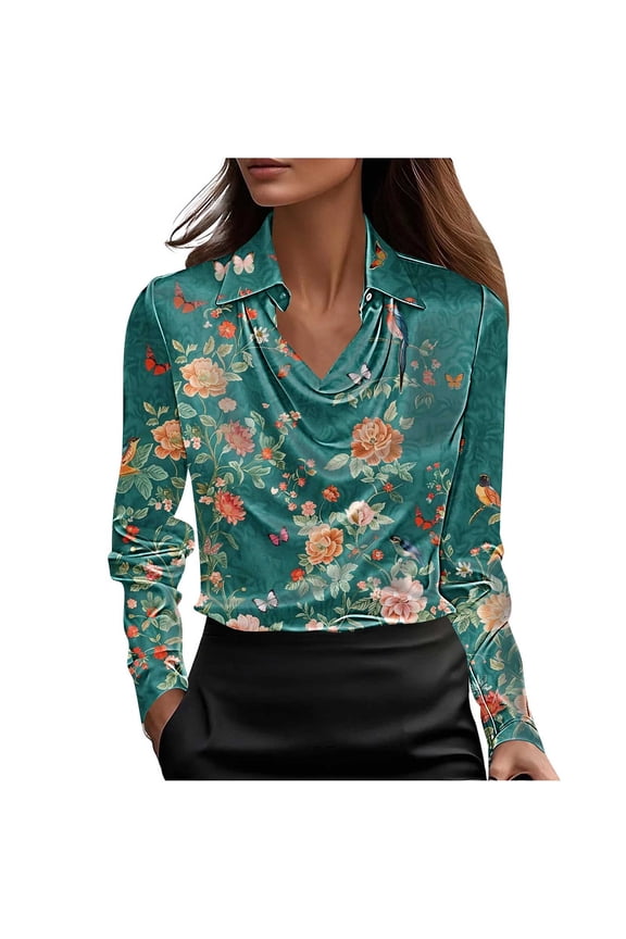 Women Fall Clothes Fall Winter Fashion Womens Satin Top Long Sleeve Floral Print Blouse Cowl Neck Lapel Neck Shirt New Arrivals My Items