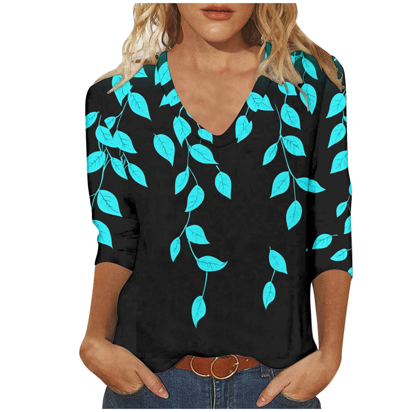 Women Fall Clothes Fantastic V Neck Floral Pattern 3/4 Sleeve Tees ...