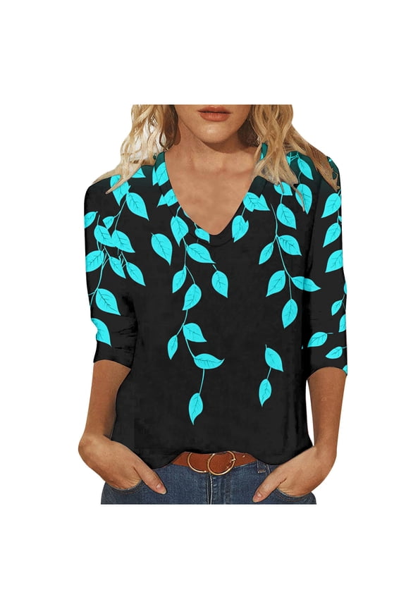 Women Fall Clothes Fantastic V Neck Floral Pattern 3/4 Sleeve Tees Tshirts Fall Tops for Holidays My Items