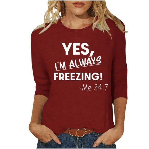 Women Fall Clothes Letter Print 3/4 Sleeve Round Neck Tees Tshirts Fall Tops Blouse for Casual Everyday Wear My Items