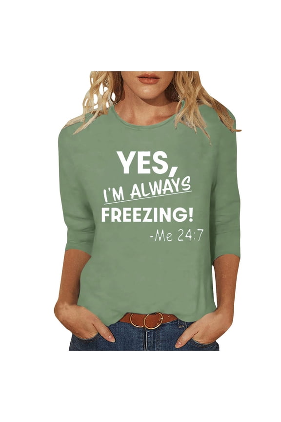 Women Fall Clothes Letter Print 3/4 Sleeve Round Neck Tees Tshirts Fall Tops Blouse for Casual Everyday Wear My Items