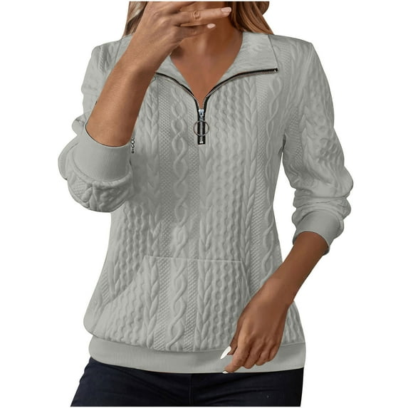 Women Fall Clothes Quilted Sweatshirts Zipper Neck Long Sleeve Textured Solid Casual Loose Fashion Fall Pullover Tops My Items