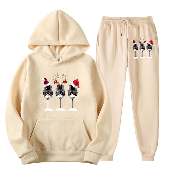Women Fall Clothes Two Piece Outfits for Women Casual Christmas Print Hooded Sweatshirt Loose Fit Sweatpants Two Piece Outfit for Cozy Seasons My Items