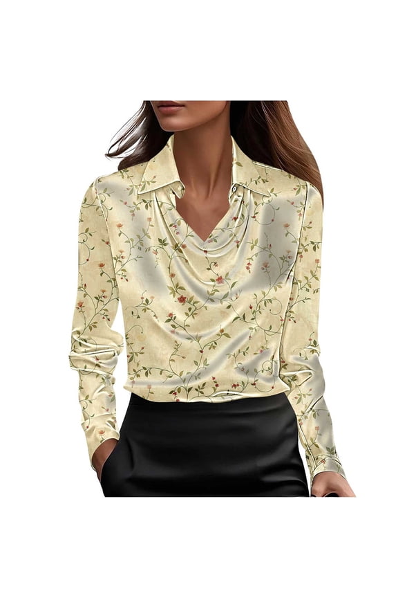 Women Spring Clothes Womens Satin Blouse Long Sleeve Pullover Tshirt Floral Print Shirts Cowl Neck and Lapel Neck Tops New Arrivals My Items