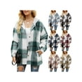 thumbnail image 1 of Women Fall Coat Flannel Plaid Print Shacket Long Sleeve Shirts Hooded Jacket with Buttons and Pockets Outerwear for Autumn, 1 of 6