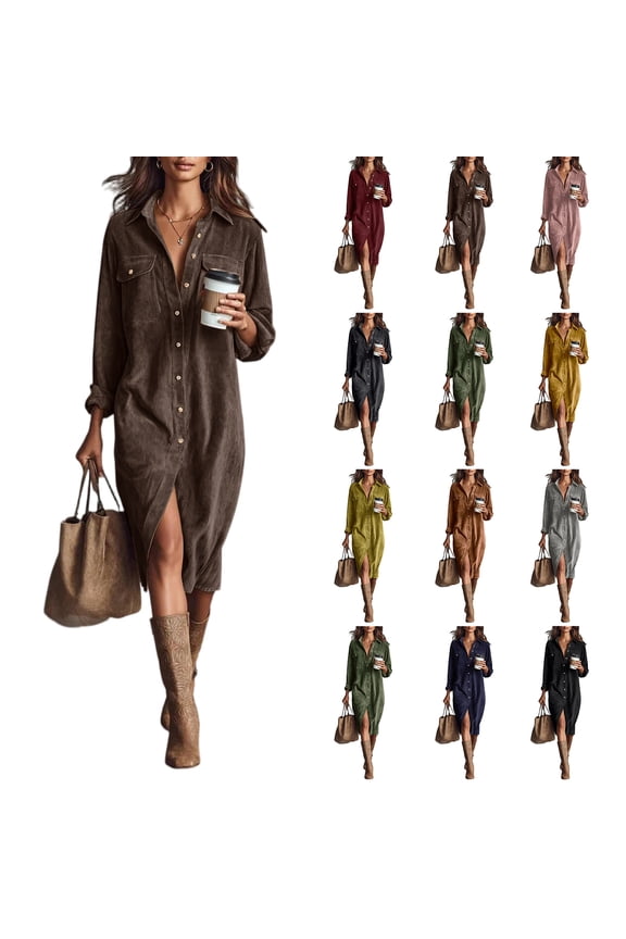 Women Fall Corduroy Button Down Shirt Dress Casual Lapel A Line Pleated Tunic Shift Midi Long Dress