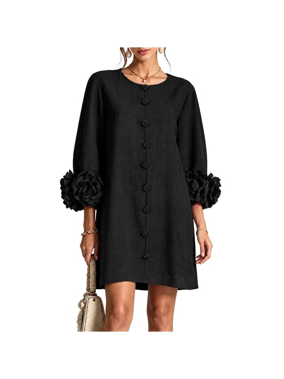 Women Fall Cotton Linen Mini Dress Round Neck 3/4 Balloon Sleeve 3D Floral Cuff Button Front Loose Elegant Party, L