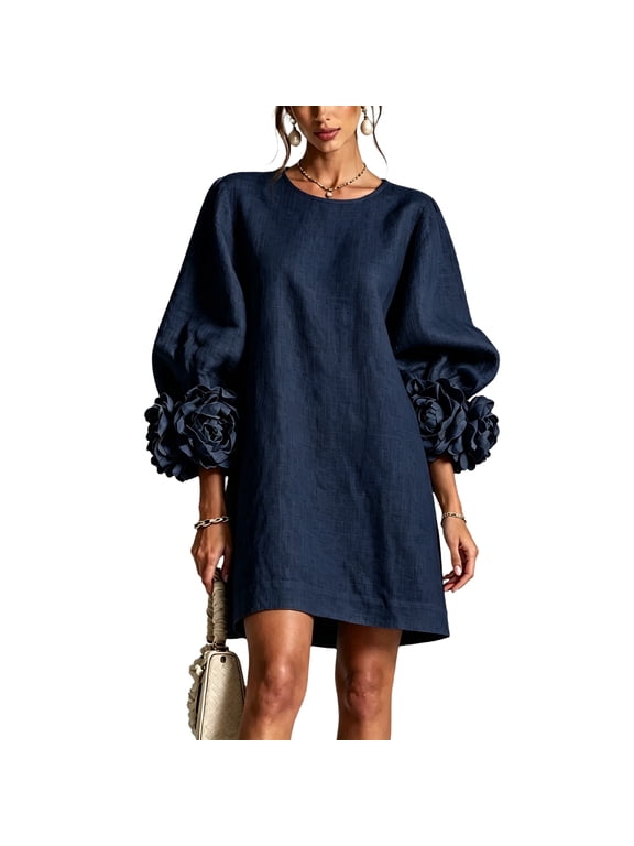 Women Fall Cotton Linen Mini Dress Round Neck Long Balloon Sleeve 3D Floral Cuff Button Front Loose Elegant Party, S