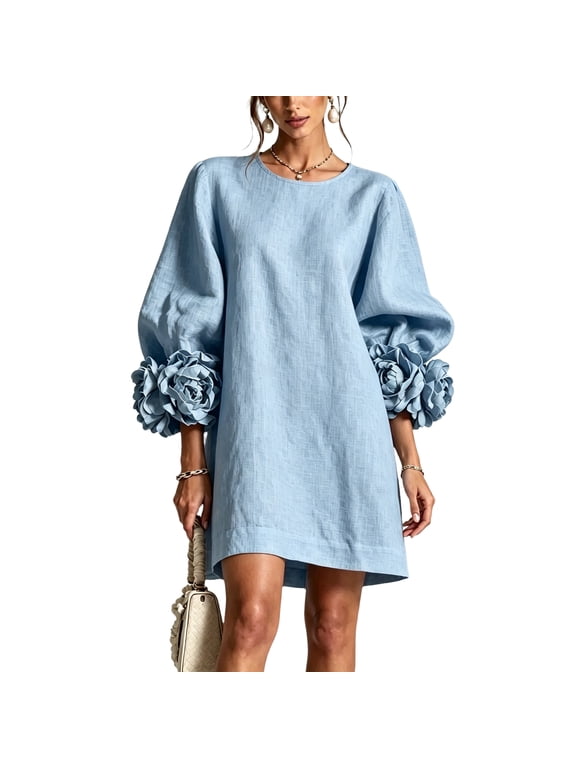 Women Fall Cotton Linen Mini Dress Round Neck 3/4 Balloon Sleeve 3D Floral Cuff Loose Elegant Party Dress, S