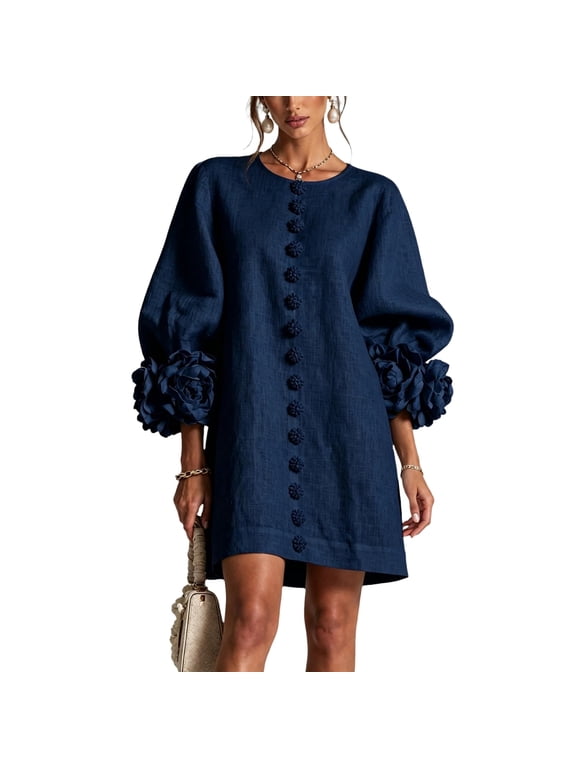 Women Fall Cotton Linen Mini Dress Round Neck Long Balloon Sleeve 3D Floral Cuff Button Front Loose Elegant Party