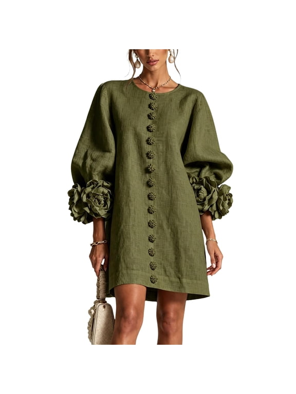 Women Fall Cotton Linen Mini Dress Round Neck Long Balloon Sleeve 3D Floral Cuff Button Front Loose Elegant Party