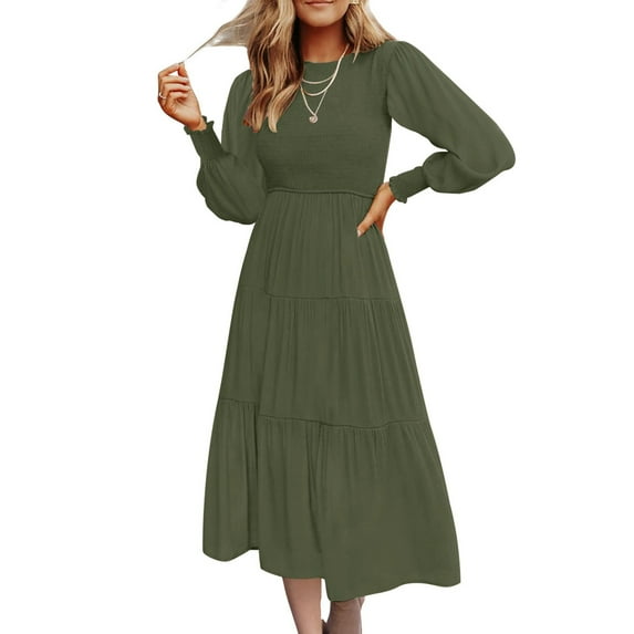 Women Fall Dresses 2023 Long Sleeve Crew Neck Pleated Tiered Maxi Dress Boho Long Dress High Waisted A-Line Ruffle Dress