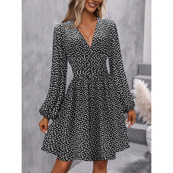 Women Fall Dresses Casual Long Sleeve Deep V Sexy Dress A-line Elastic High Waisted Flowy Dress