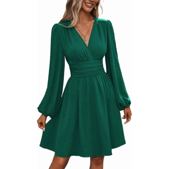 Women Fall Dresses Casual Long Sleeve Deep V Sexy Dress A-line Elastic High Waisted Flowy Dress