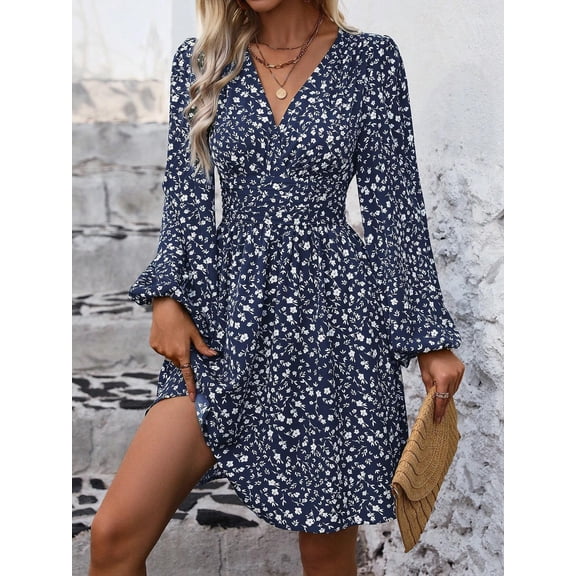 Women Fall Dresses Casual Long Sleeve Deep V Sexy Dress A-line Elastic High Waisted Flowy Dress