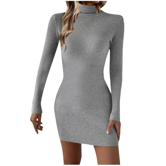 Women Fall Dresses Women's Turtleneck Ribbed Knit Dress Long Sleeve Slim Fitting Sweater Dress Bodycon Mini Dresses Womens Maxi Dresses 2024 S-118 Gray S