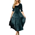 thumbnail image 1 of Women Fall Dresses Womens Fall Winter Velvet Dress Puff Sleeve Squares Neck Smocked Tiered Ruffle A-Line Flowy Midi Dress S-226 Green S, 1 of 7
