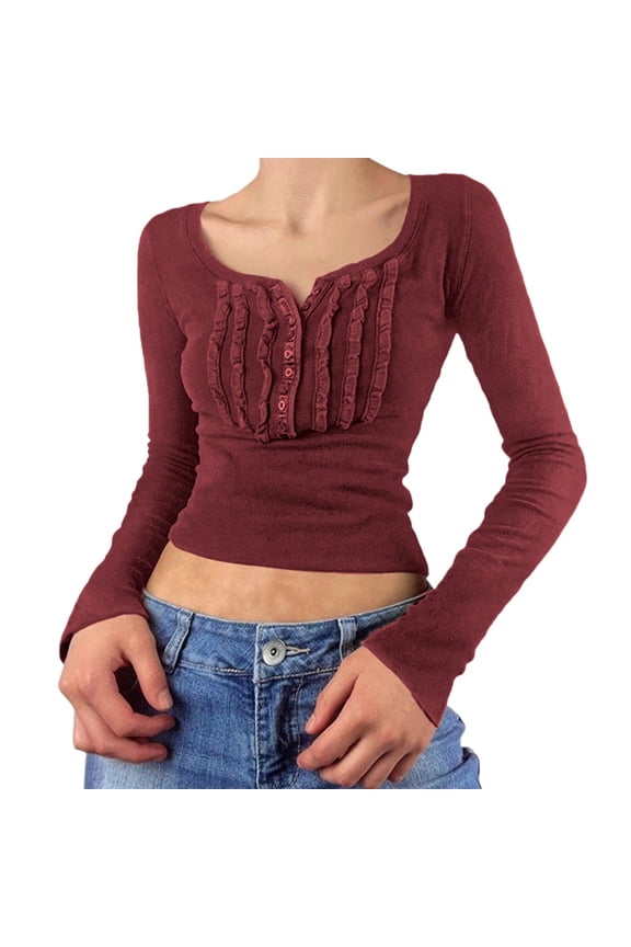 Women Fall Fairy Grunge Tops Y2k Long Sleeve Shirt Lace Square Collar Vintage Aesthetic Slim Blouse Wine Red L