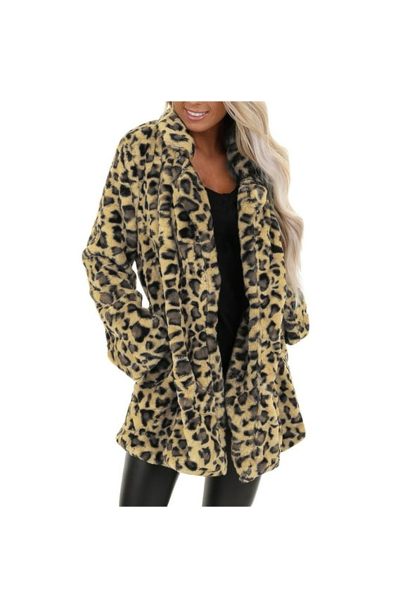 Women Fall Fashion Jackets Leopard Faux Coat Leopard Print Fleece Coat Fluffy Cardigan Overcoat Lapel Jackets