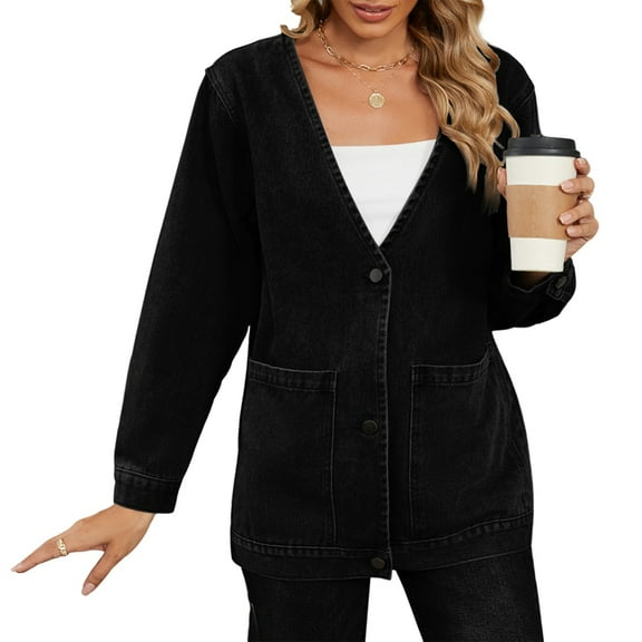 Women Fall Fashion Button Down Denim Cardigan Jackets Trendy V Neck Long Sleeve Jean Winter Coat Outerwear Black L