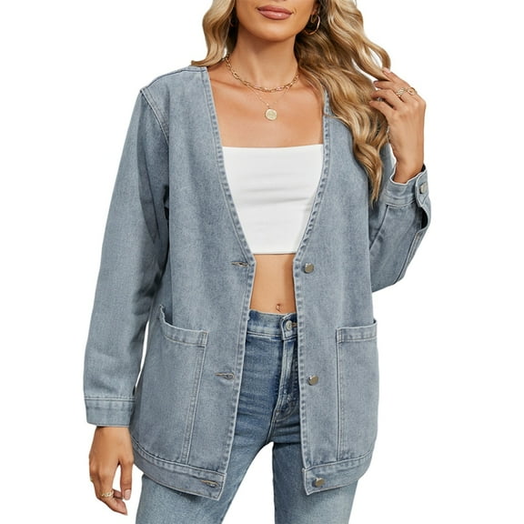 Women Fall Fashion Button Down Denim Cardigan Jackets Trendy V Neck Long Sleeve Jean Winter Coat Outerwear Blue XL