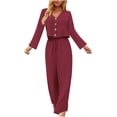 thumbnail image 1 of Women Fall Fashion Casual 2 Piece Outfit Cotton Linen Long Sleeve Button V Neck Crop Tops Wide Leg Pants Sets Loungewear, 1 of 6