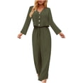 thumbnail image 1 of Women Fall Fashion Casual 2 Piece Outfit Cotton Linen Long Sleeve Button V Neck Crop Tops Wide Leg Pants Sets Loungewear, 1 of 6
