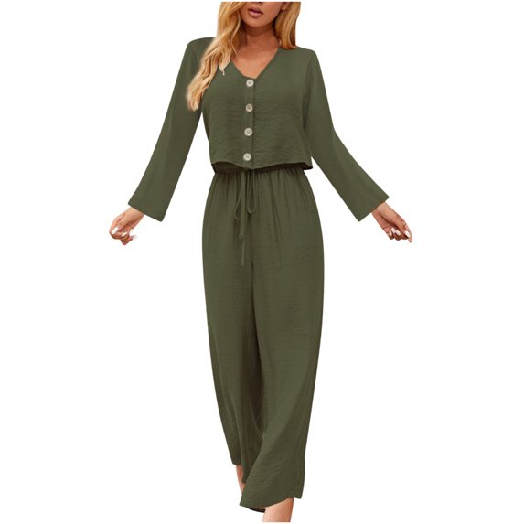 Women Fall Fashion Casual 2 Piece Outfit Cotton Linen Long Sleeve Button V Neck Crop Tops Wide Leg Pants Sets Loungewear
