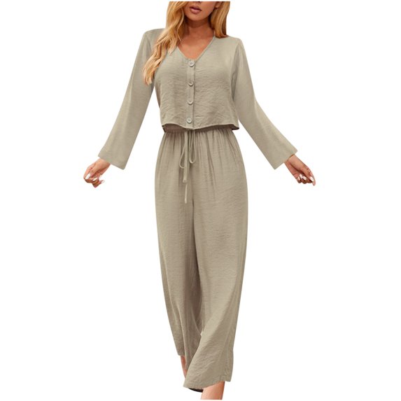 Women Fall Fashion Casual 2 Piece Outfit Cotton Linen Long Sleeve Button V Neck Crop Tops Wide Leg Pants Sets Loungewear