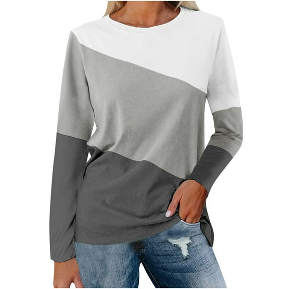 Women Fall Fashion Clothes 2023 Long Sleeve Shirts Color Block Patchwork Casual Lightweight Crewneck Pullover Blouse Womens Clothes