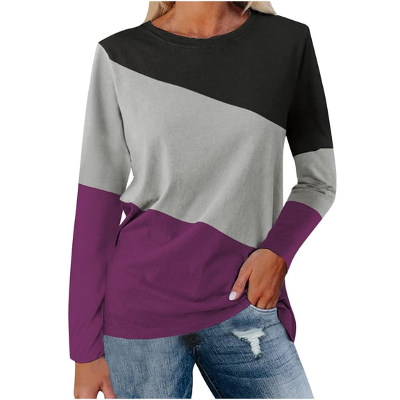 Women Fall Fashion Clothes Long Sleeve Shirts Color Block Patchwork Casual Lightweight Crewneck Pullover Blouse