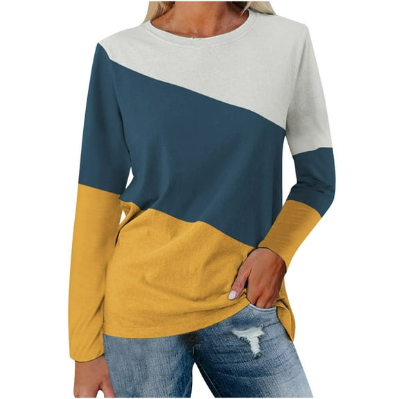 Women Fall Fashion Clothes Long Sleeve Shirts Color Block Patchwork Casual Lightweight Crewneck Pullover Blouse