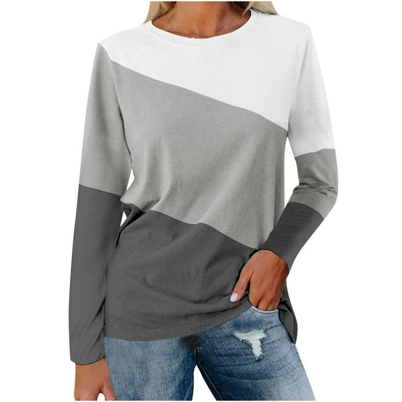 Women Fall Fashion Clothes Long Sleeve Shirts Color Block Patchwork Casual Lightweight Crewneck Pullover Blouse
