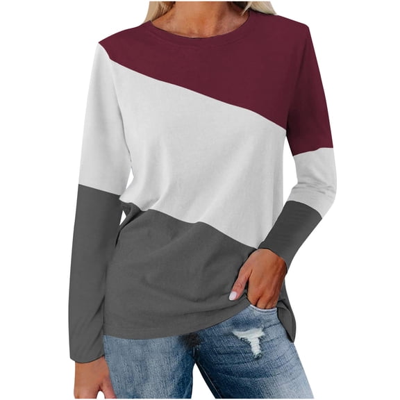 Women Fall Fashion Clothes Long Sleeve Shirts Color Block Patchwork Casual Lightweight Crewneck Pullover Blouse