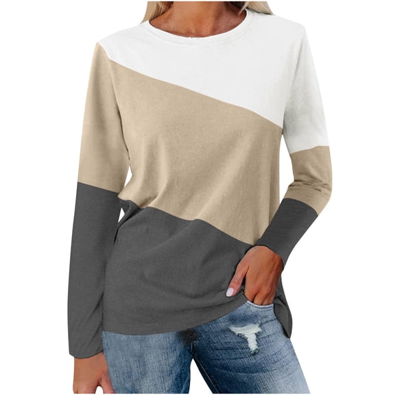 Women Fall Fashion Clothes Long Sleeve Shirts Color Block Patchwork Casual Lightweight Crewneck Pullover Blouse