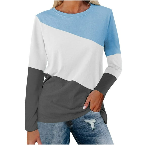 Women Fall Fashion Clothes Long Sleeve Shirts Color Block Patchwork Casual Lightweight Crewneck Pullover Blouse