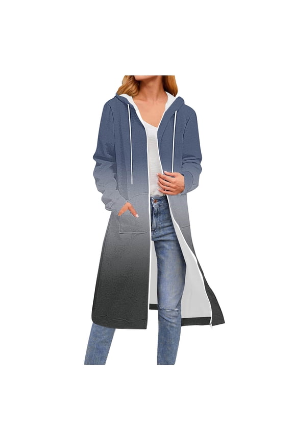 Women Fall Fashion Jacket Tie Dye Long Trench Coat Cotton Fleece Warm Hoodies Jackets Outwear Gray M
