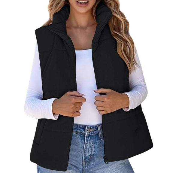 Women Fall Fashion Sleeveless Vest Winter Cropped Outerwear Warm Puffy Stand-Up Collar Down Black XL