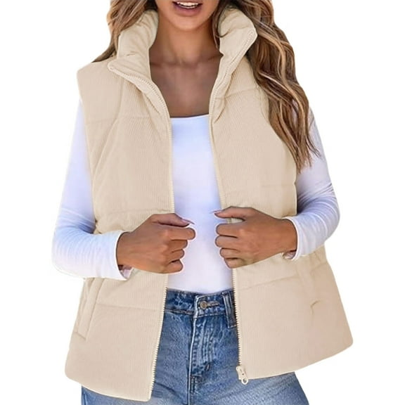 Women Fall Fashion Sleeveless Vest Winter Cropped Outerwear Warm Puffy Stand-Up Collar Down Cream White XL