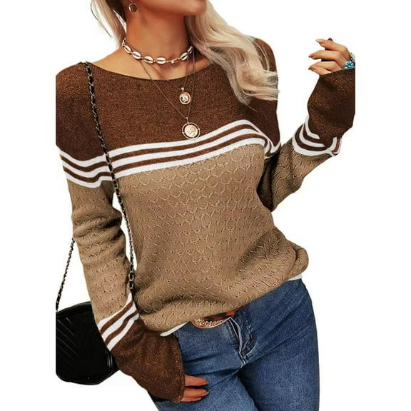 Women Fall Fashion Sweaters Colorblock Striped Crewneck Winter Trendy Pullover Tops Khaki XXXL