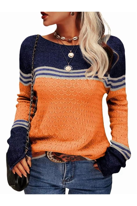 Women Fall Fashion Sweaters Colorblock Striped Crewneck Winter Trendy Pullover Tops Orange XL