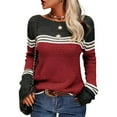 thumbnail image 1 of Women Fall Fashion Sweaters Colorblock Striped Crewneck Winter Trendy Pullover Tops Wine Red XXXL, 1 of 3