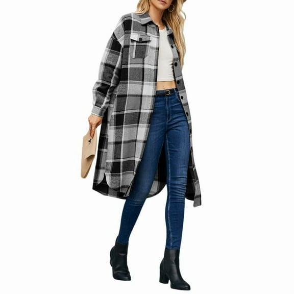 Women Fall Flannel Plaid Long Sleeves Jacket Oversized Button Down Long Shirt Jacket Black S