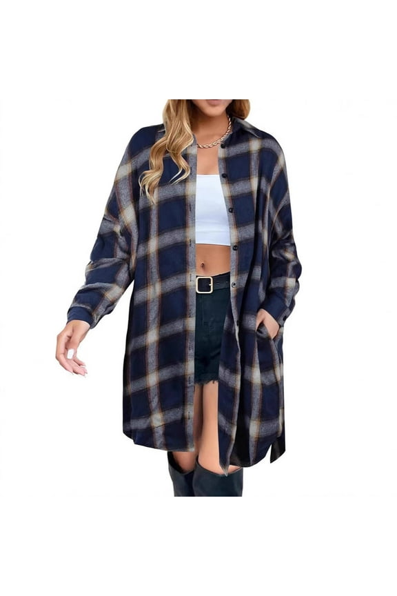 Women Fall Flannel Plaid Shacket Jacket Oversized Button Down Long Shirt Jacket Navy M