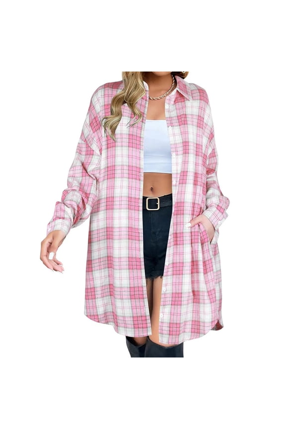 Women Fall Flannel Plaid Shacket Jacket Oversized Button Down Long Shirt Jacket Pink S