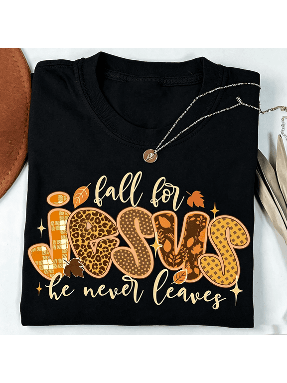 Women Fall For Jesus He Never Leaves Graphic T‑Shirts Retro Leopard Plaid Letter Print Short Sleeve Casual Fall Autumn Tee Top