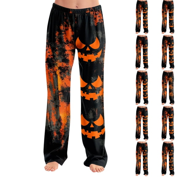 Women Fall Halloween Pajamas Wide Leg Pants, Elastic Waist Pants Pumpkin Print Soft Pull On Sleep Lounge Pants