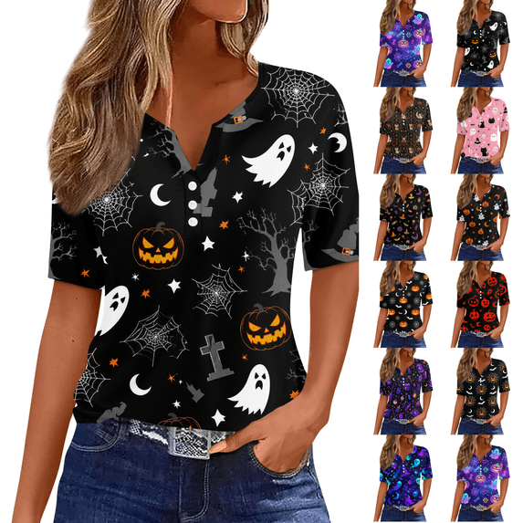 Women Fall Halloween V Neck Shirt Casual Tee Funny Spooky Season Family Party Celebration Short Sleeve Tee Pumpkin Top Holiday Stretchable Soft Black 2XL