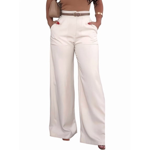 Women Fall High Elastic Waist Loose Pleated Long Flowy Palazzo Work Pants with Pockets XL