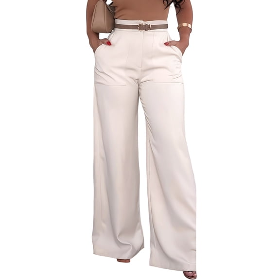 Women Fall High Elastic Waist Loose Pleated Long Flowy Palazzo Work Pants with Pockets XXL